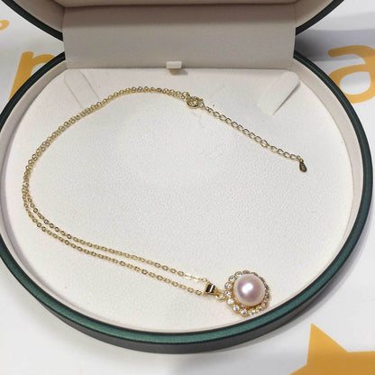 GEMOR Freshwater Cultured White Pearl Necklace Gold Plated, 10-11m Single Pearl Pendant, Attached 18 Inch Sterling Silver Chain